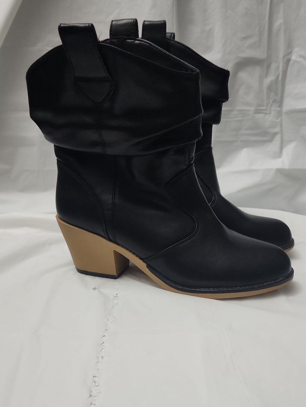 Black Western-Inspired Mid-Calf Heeled Boots with Tan Block Heel